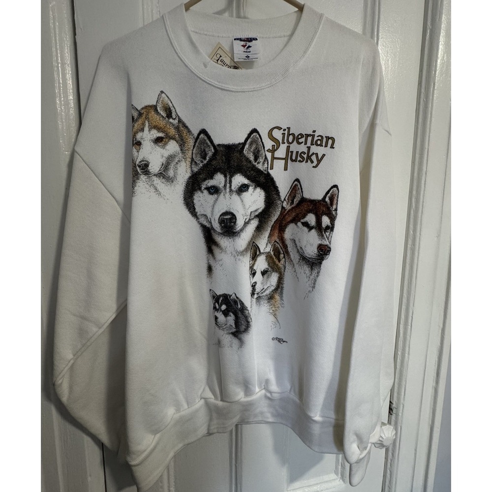 Vintage Jeezees Siberian Husky Sweatshirt Size Large Made In USA White NWT